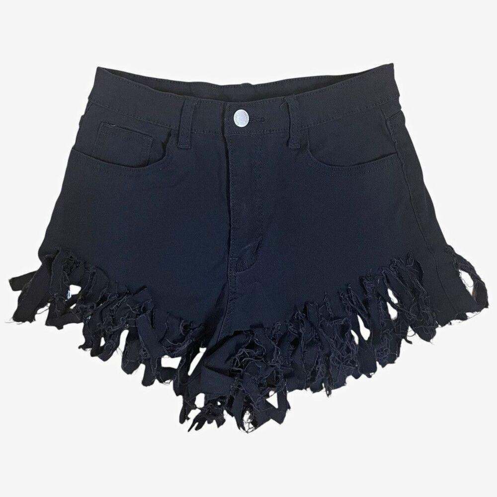 Daisy Black Cut Off Shorts Women L Fringe Hem Mid Rise 5-Pocket Button